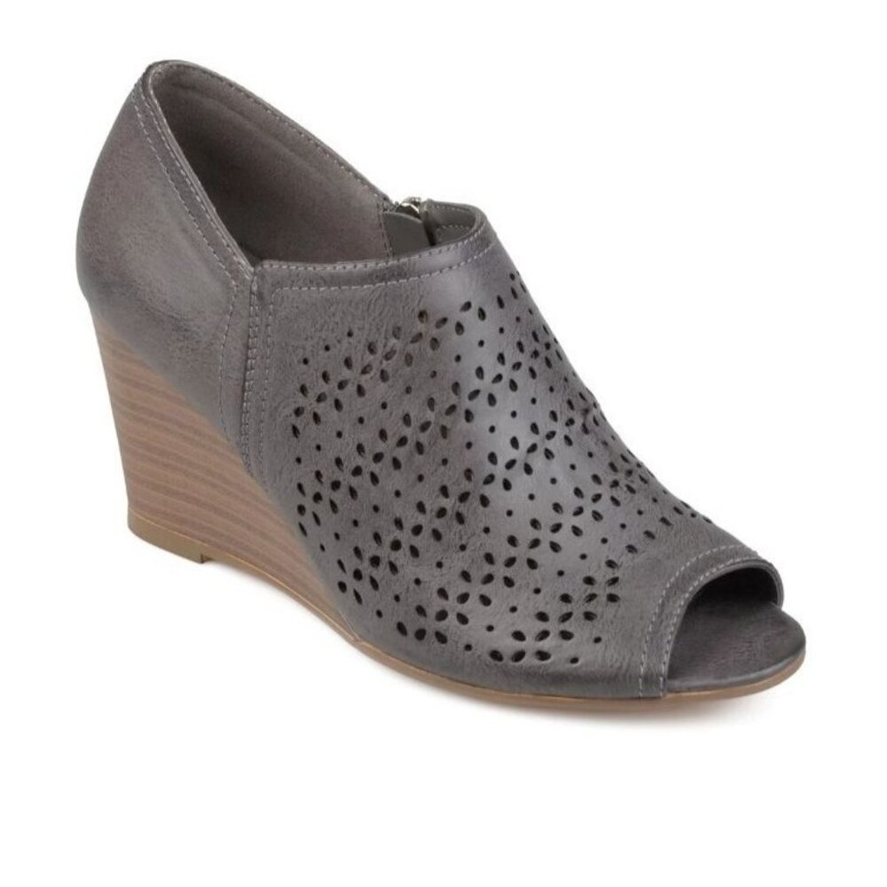 Journee Collection Britny Grey Leather Peep Toe Wedge Booties Size 11 New In Box